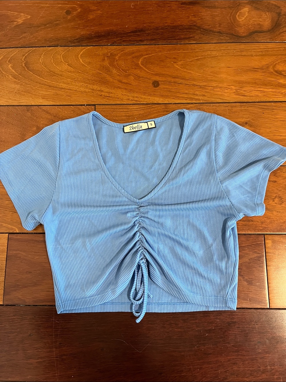 2bella Light Blue Ribbed V-Neck Ruched Drawstring Crop Top